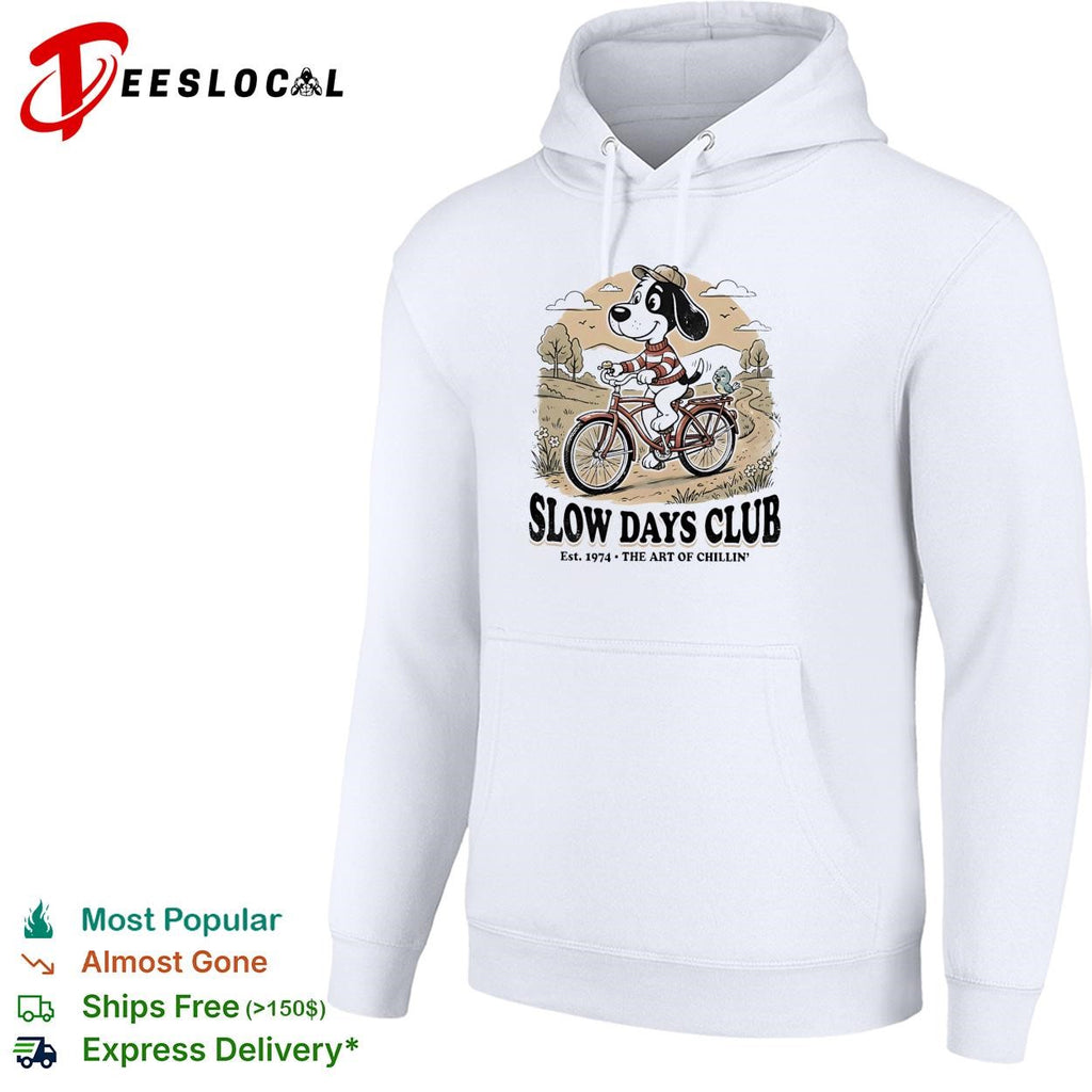Dog driving bicycle Slow days club dog bicycle vintage badge shirt