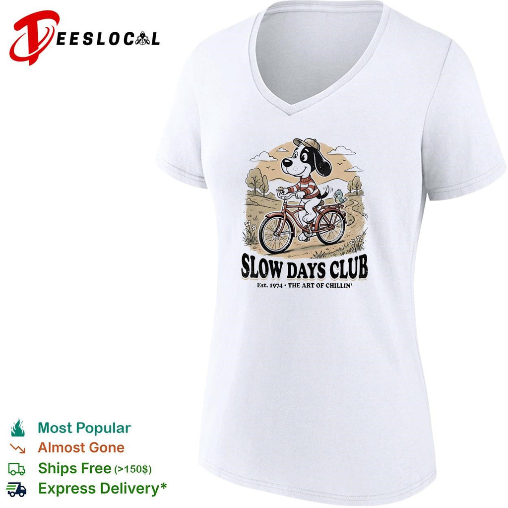 Dog driving bicycle Slow days club dog bicycle vintage badge shirt