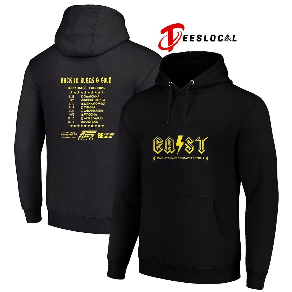 EAST Mankato East Cougars football Back in black and gold graphic shirt
