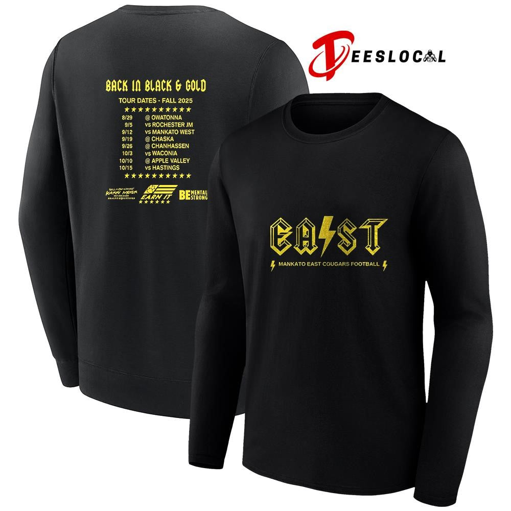 EAST Mankato East Cougars football Back in black and gold graphic shirt