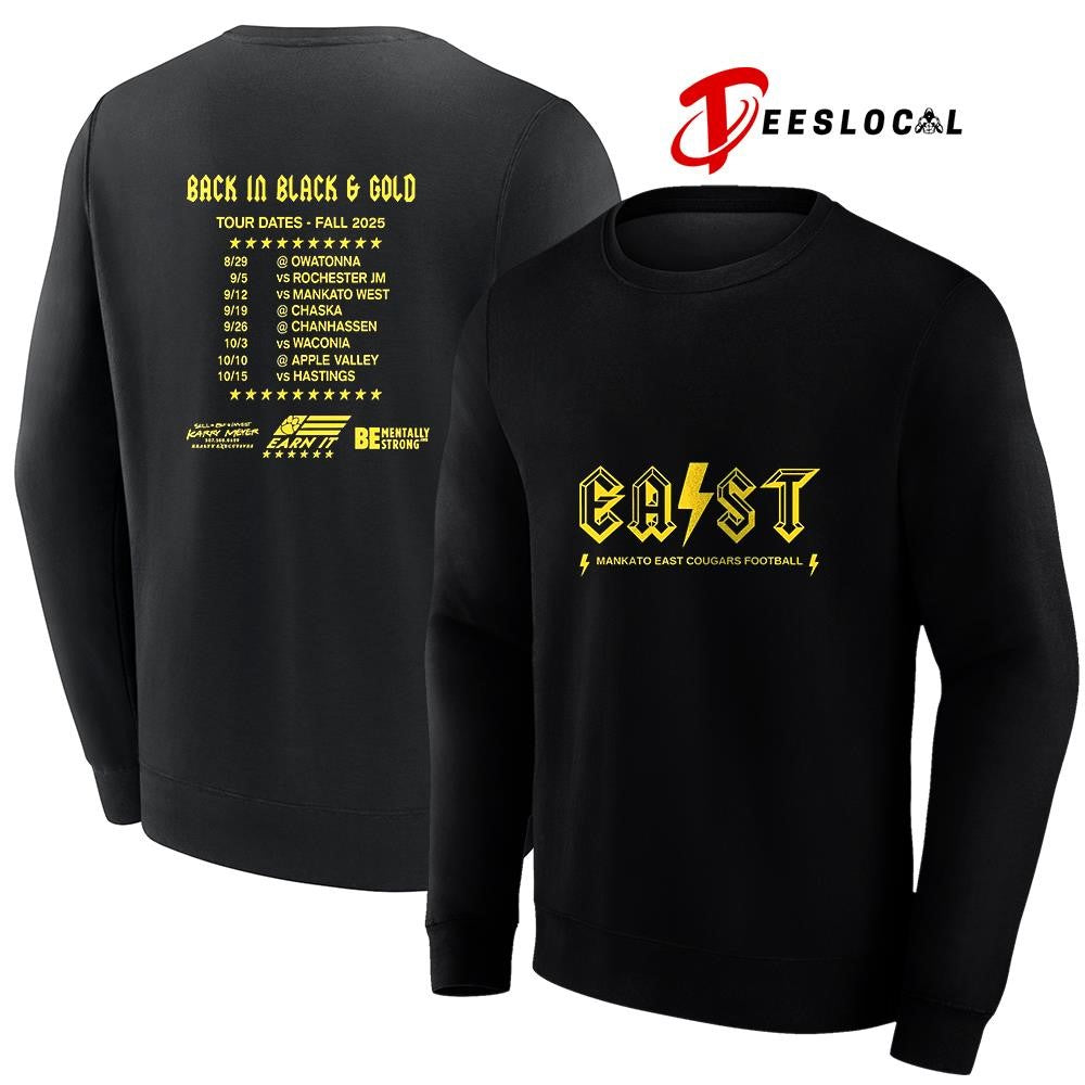EAST Mankato East Cougars football Back in black and gold graphic shirt