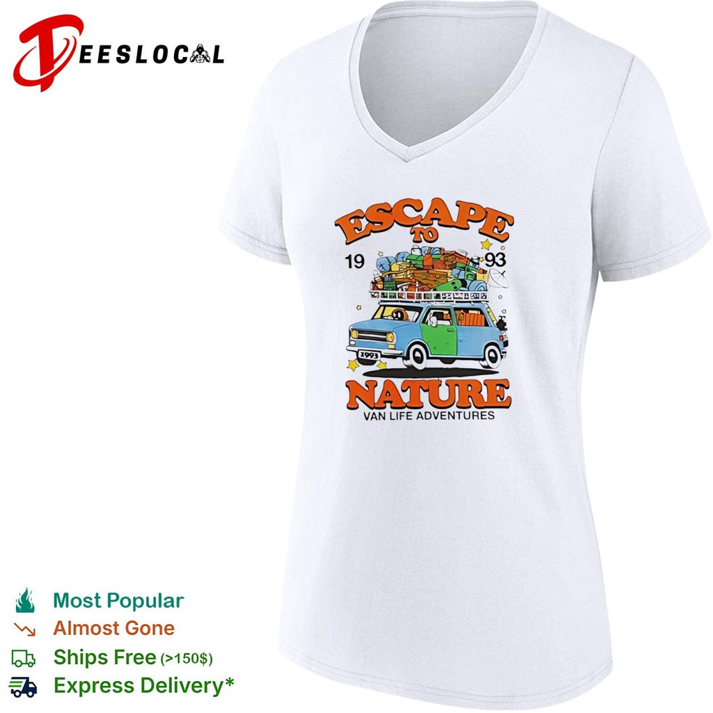 Escape to nature 1993 van life adventures blue van travel pack luggage print shirt