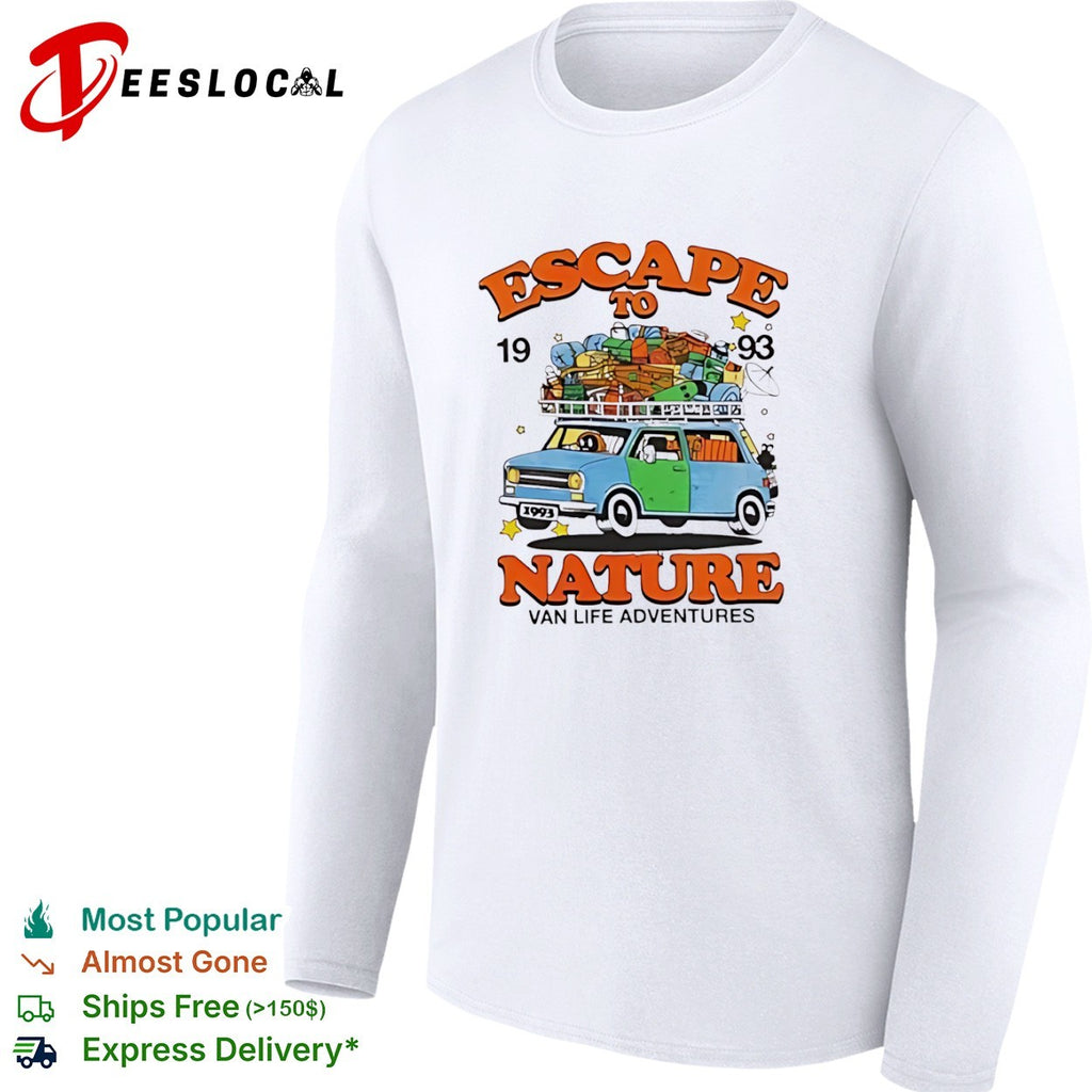 Escape to nature 1993 van life adventures blue van travel pack luggage print shirt