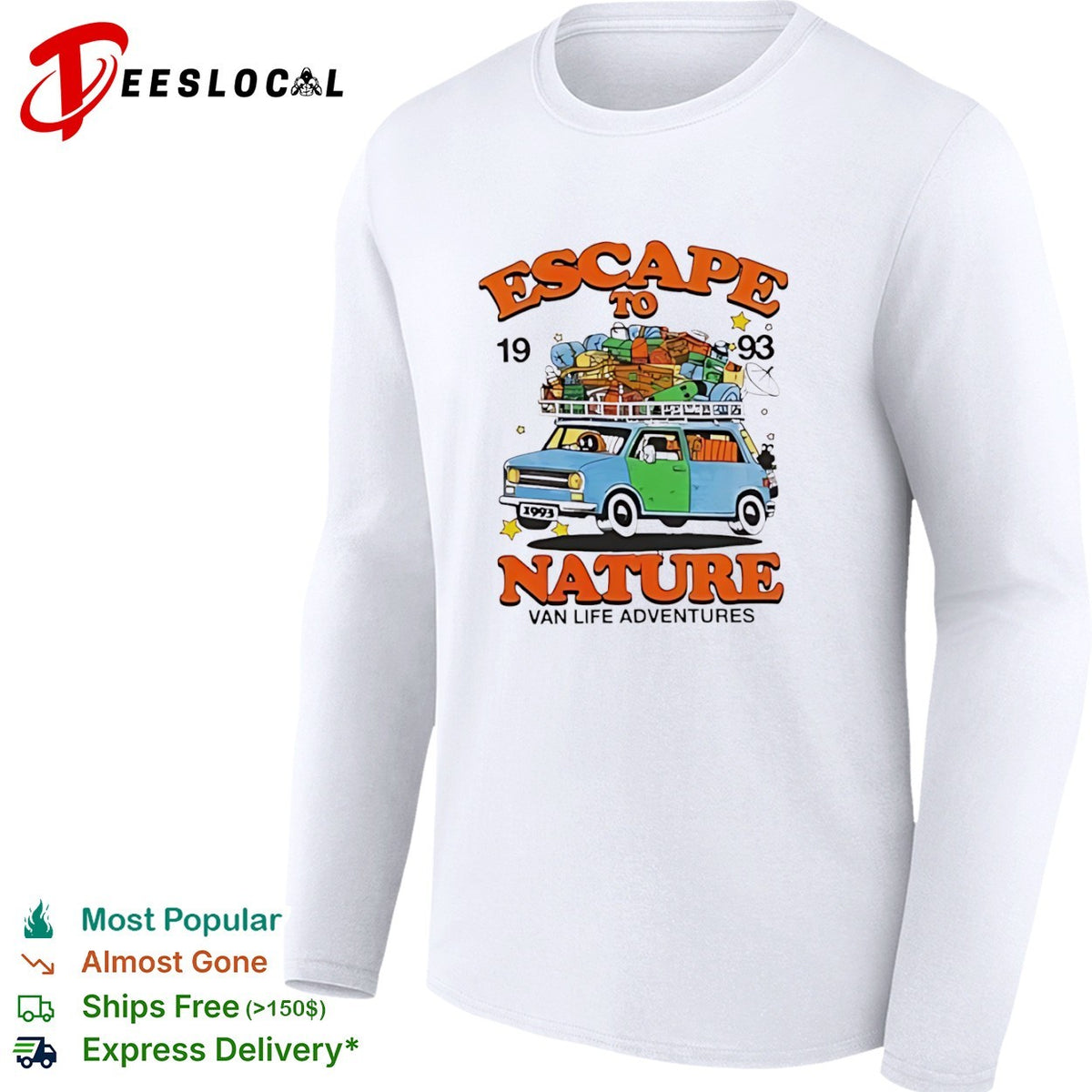 Escape to nature 1993 van life adventures blue van travel pack luggage print shirt