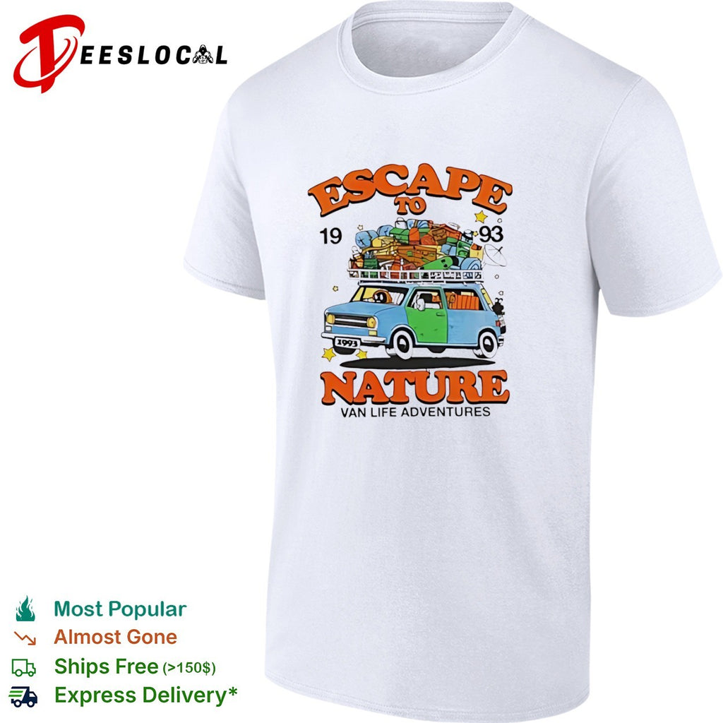 Escape to nature 1993 van life adventures blue van travel pack luggage print shirt