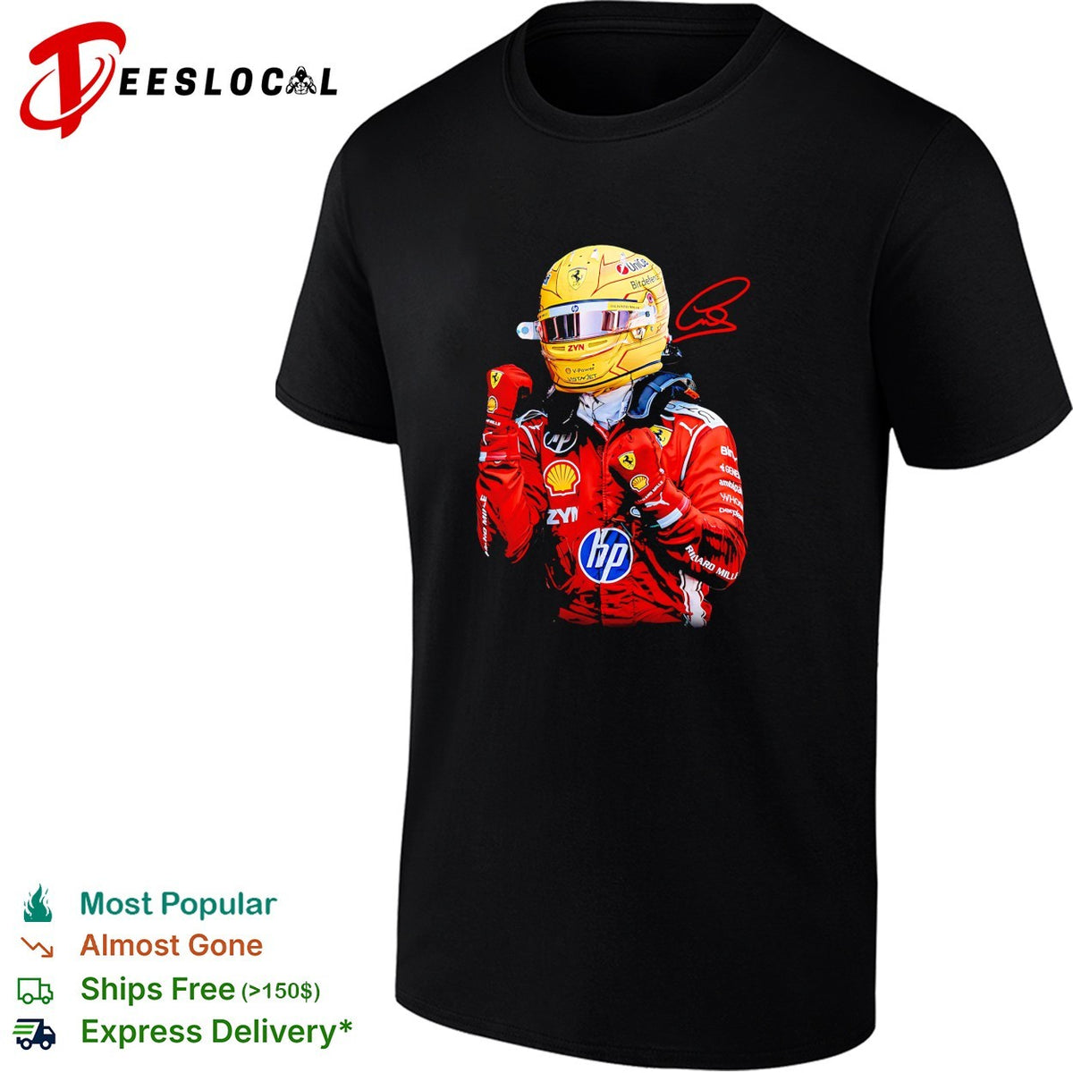 F1 Ferrari driver yellow helmet portrait autograph art shirt