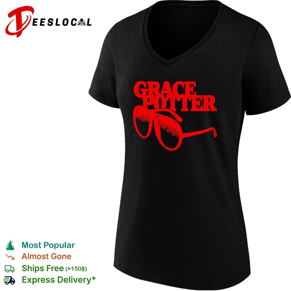 Female vocalist aviator sunglasses bold distressed typography concert shirt