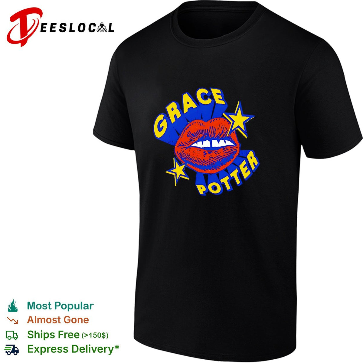 Female vocalist bold lips stars retro pop art logo concert shirt