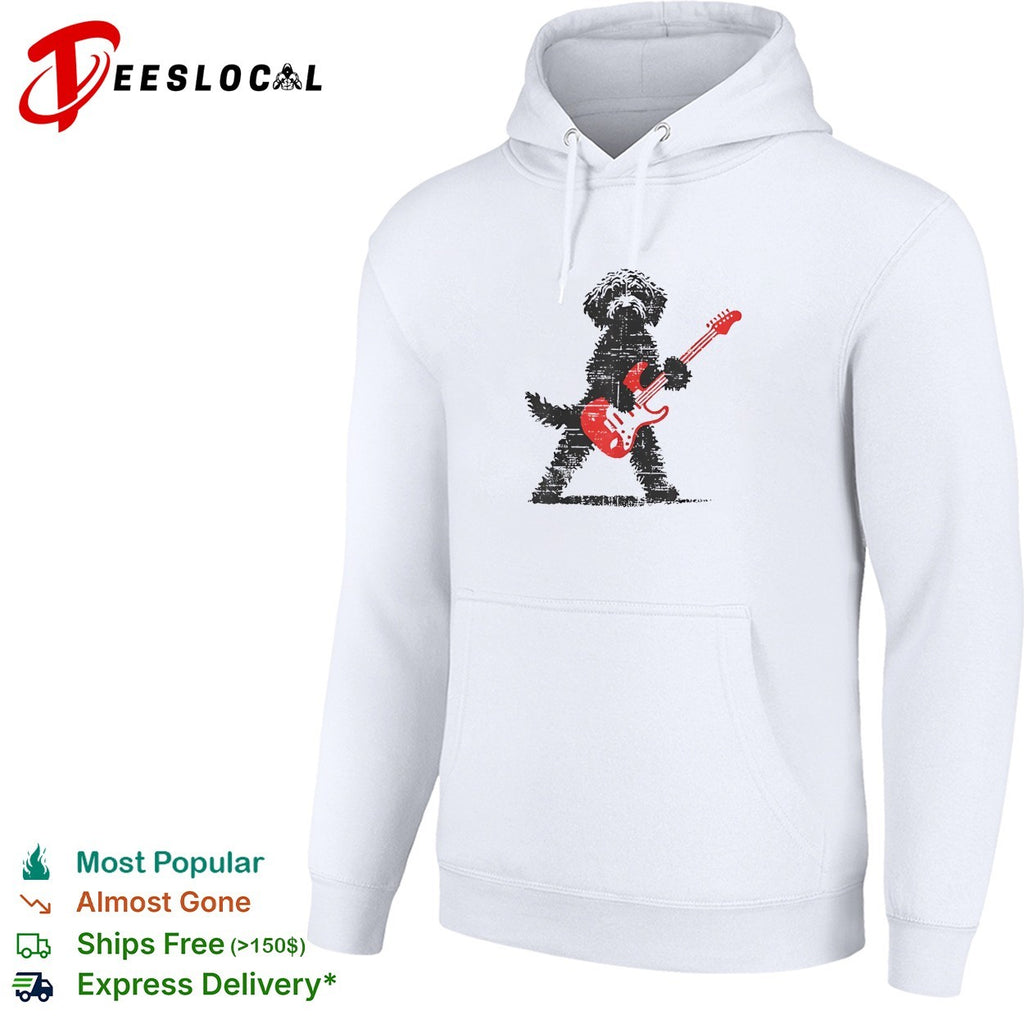 Fluffy dog rock star playing electric guitar distressed art shirt