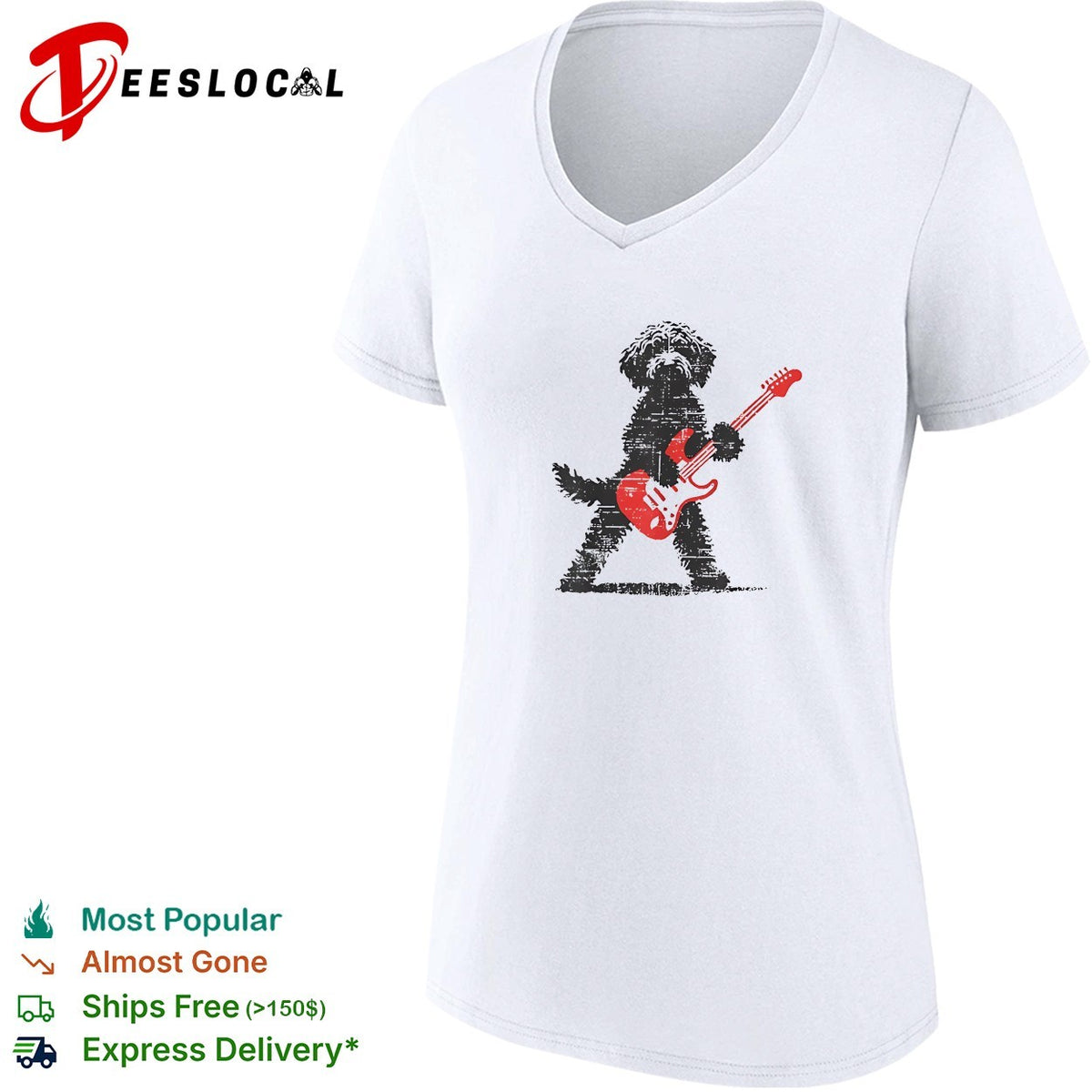 Fluffy dog rock star playing electric guitar distressed art shirt