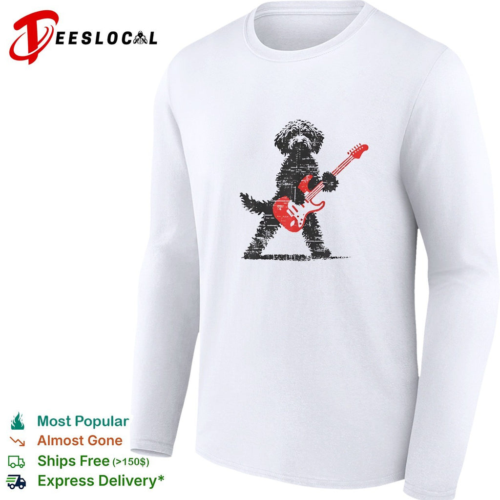 Fluffy dog rock star playing electric guitar distressed art shirt