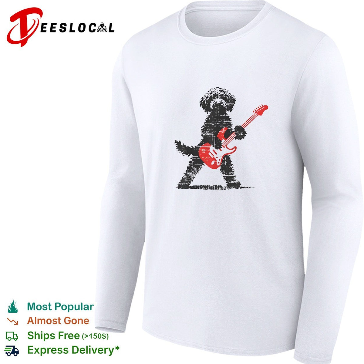 Fluffy dog rock star playing electric guitar distressed art shirt