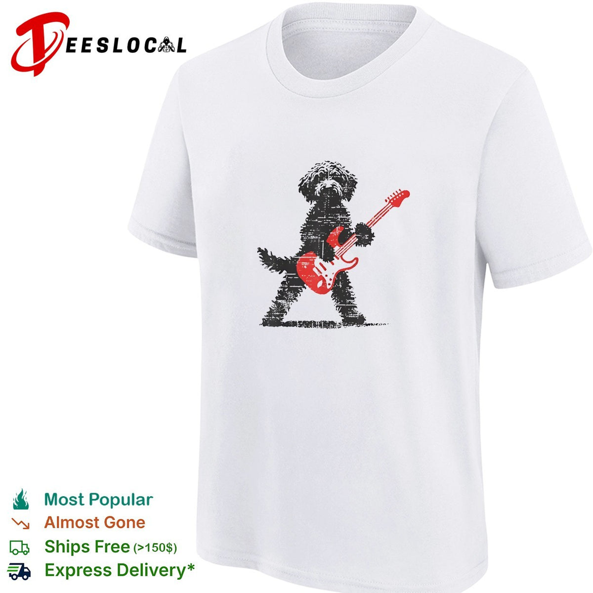 Fluffy dog rock star playing electric guitar distressed art shirt