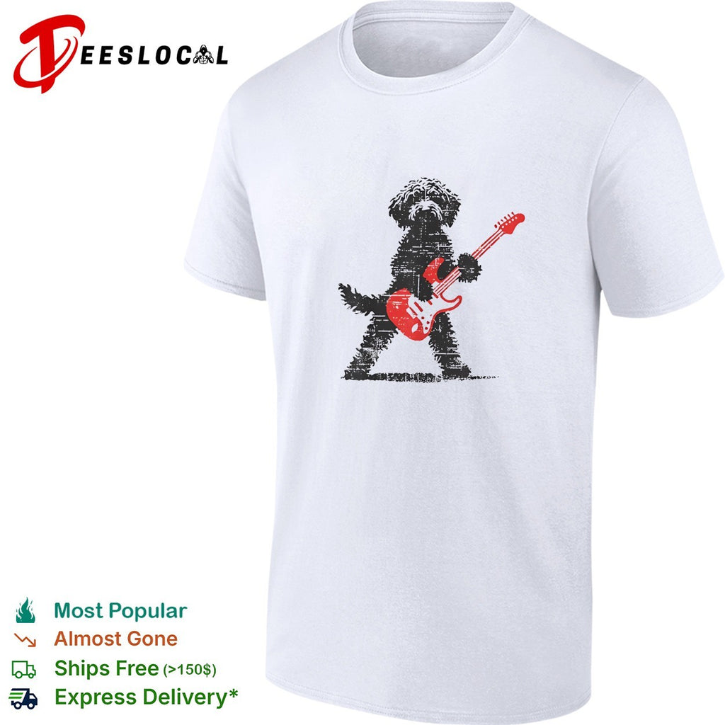 Fluffy dog rock star playing electric guitar distressed art shirt