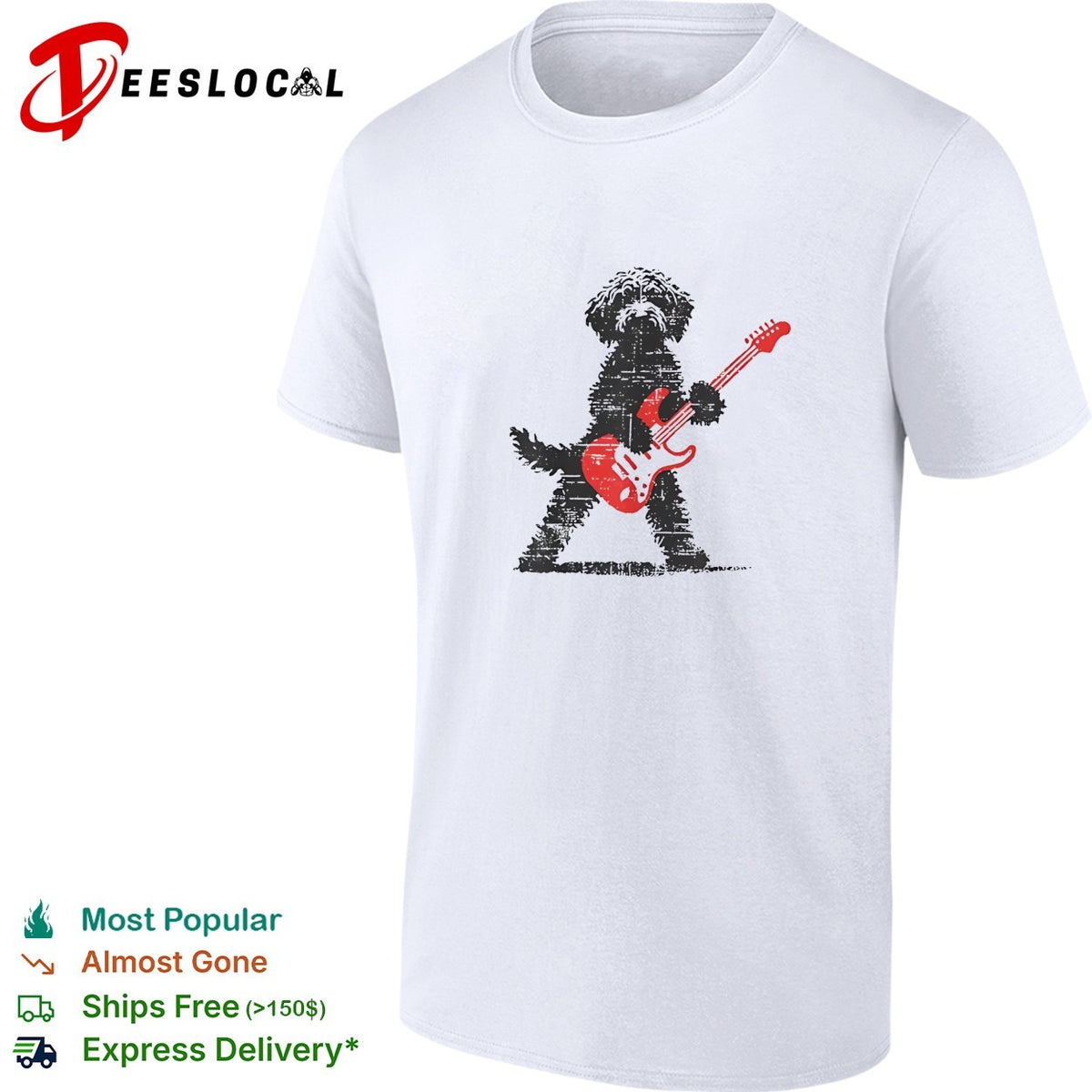 Fluffy dog rock star playing electric guitar distressed art shirt