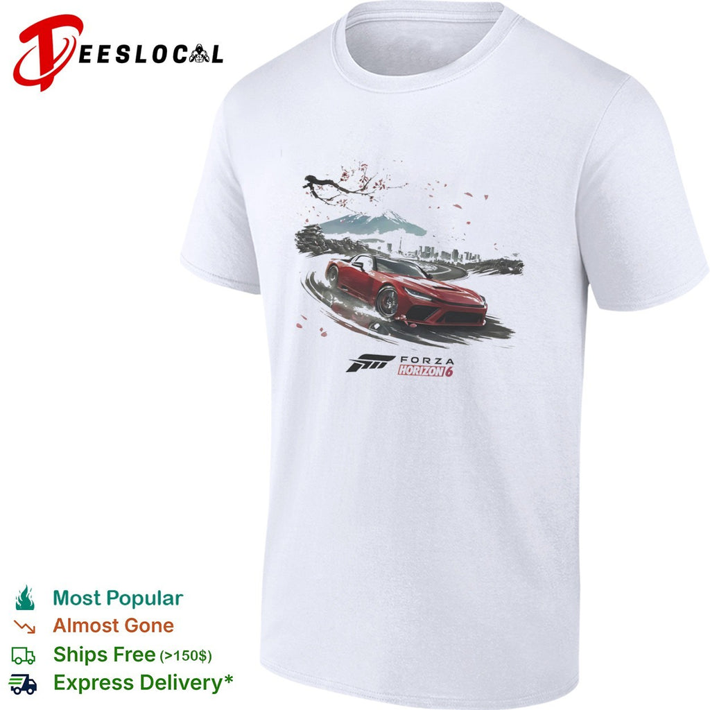 Forza Horizon 6 Red Sports Car with Mount Fuji and Tokyo Cityscape Japan shirt