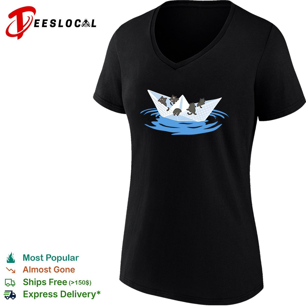 Four cats riding paper boat sailing on water cute illustration shirt