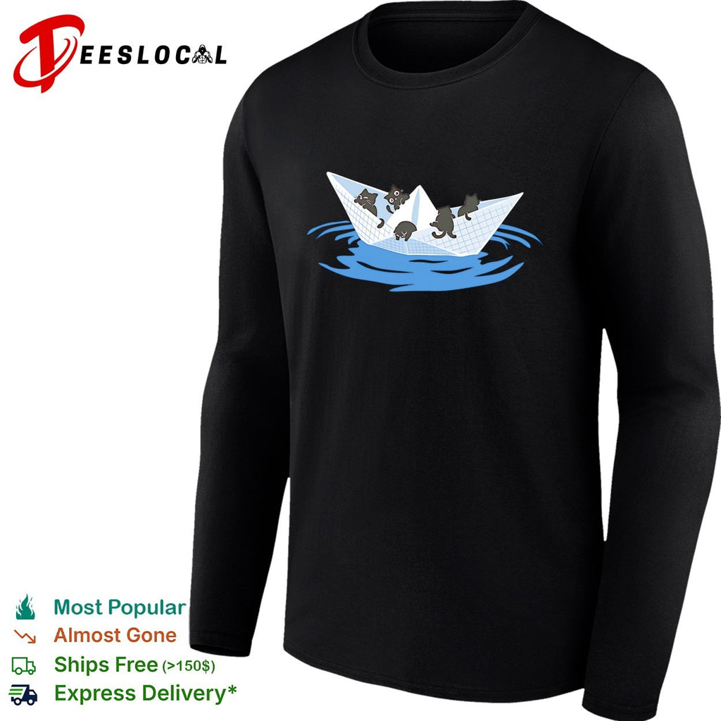 Four cats riding paper boat sailing on water cute illustration shirt