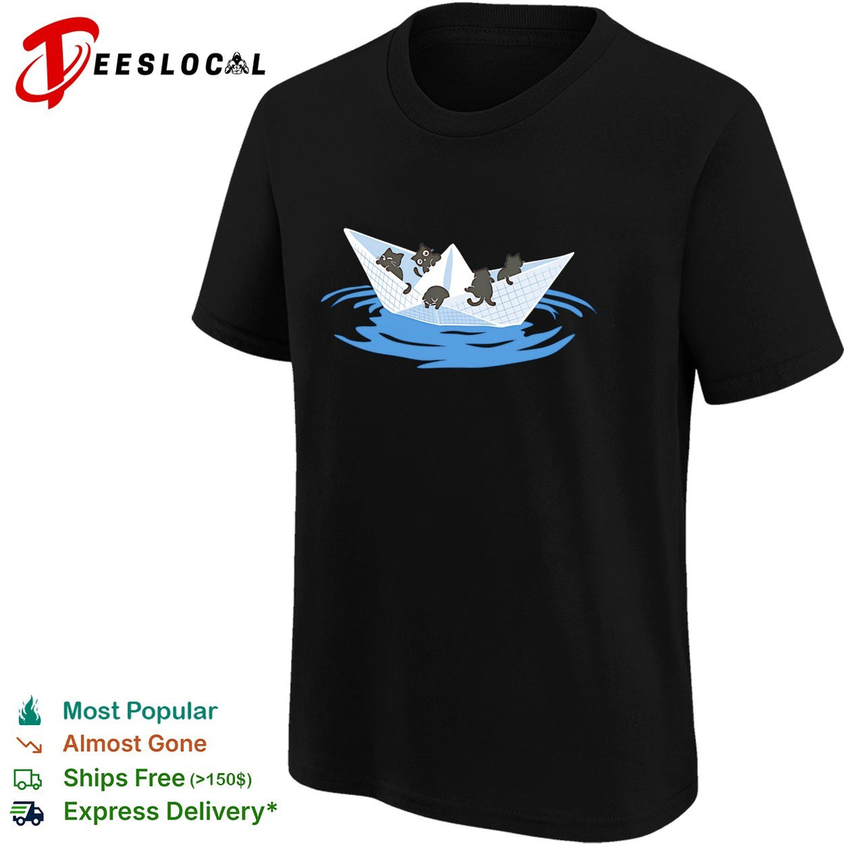 Four cats riding paper boat sailing on water cute illustration shirt