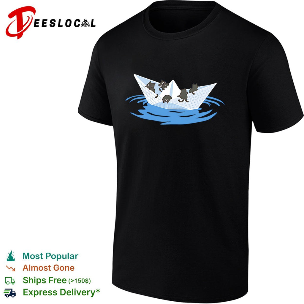 Four cats riding paper boat sailing on water cute illustration shirt