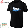 Four cats riding paper boat sailing on water cute illustration shirt