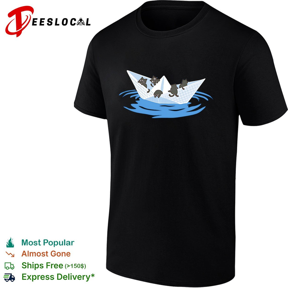 Four cats riding paper boat sailing on water cute illustration shirt