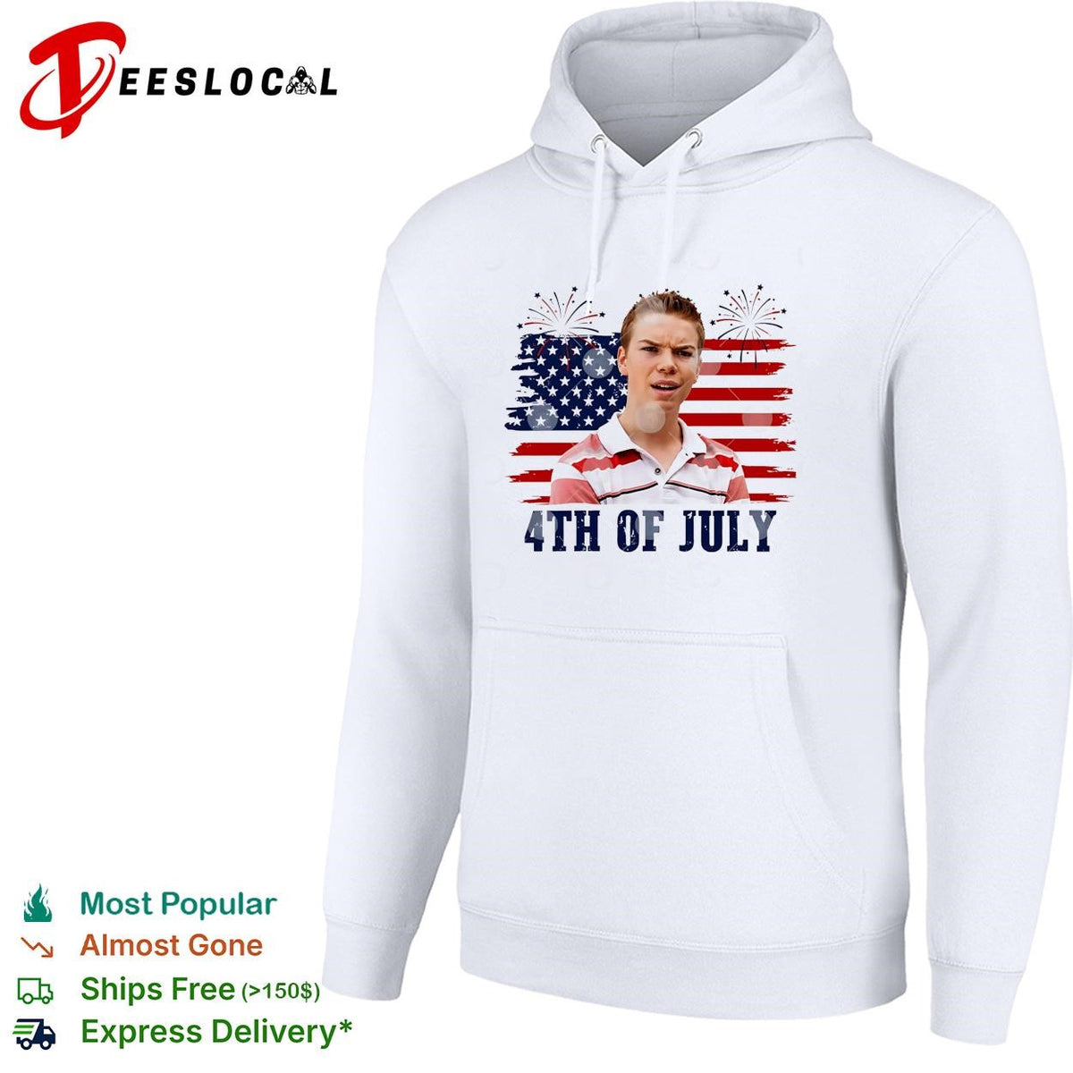 Fourth of July young man surprised face USA flag fireworks shirt
