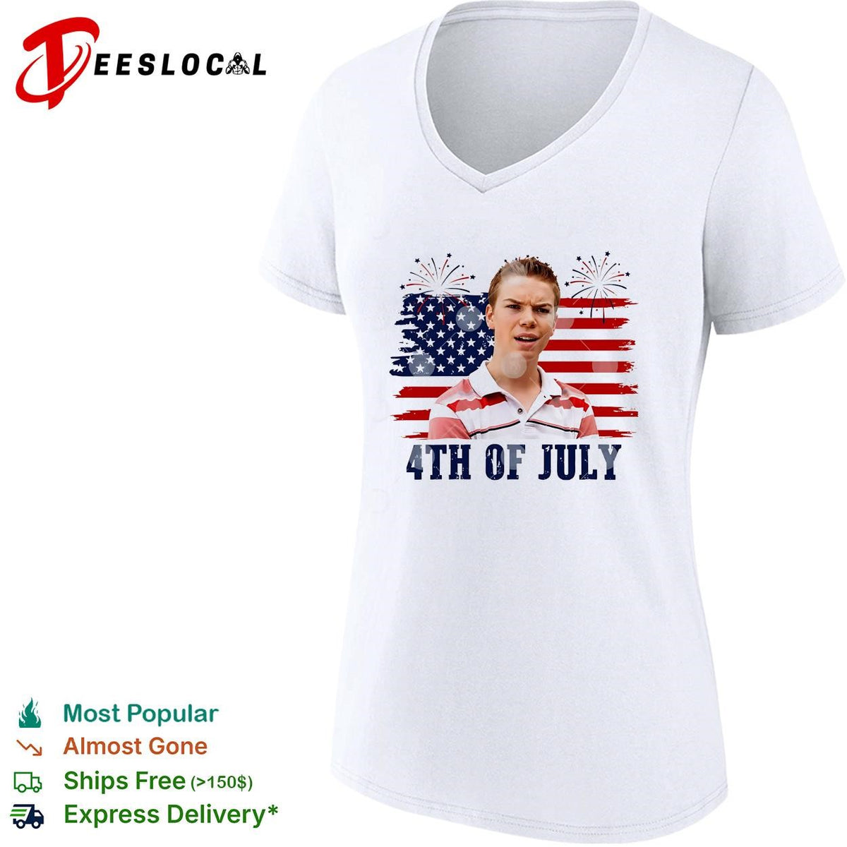 Fourth of July young man surprised face USA flag fireworks shirt