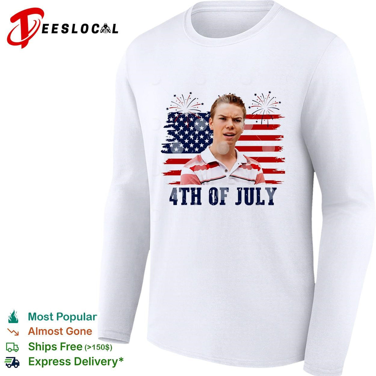 Fourth of July young man surprised face USA flag fireworks shirt