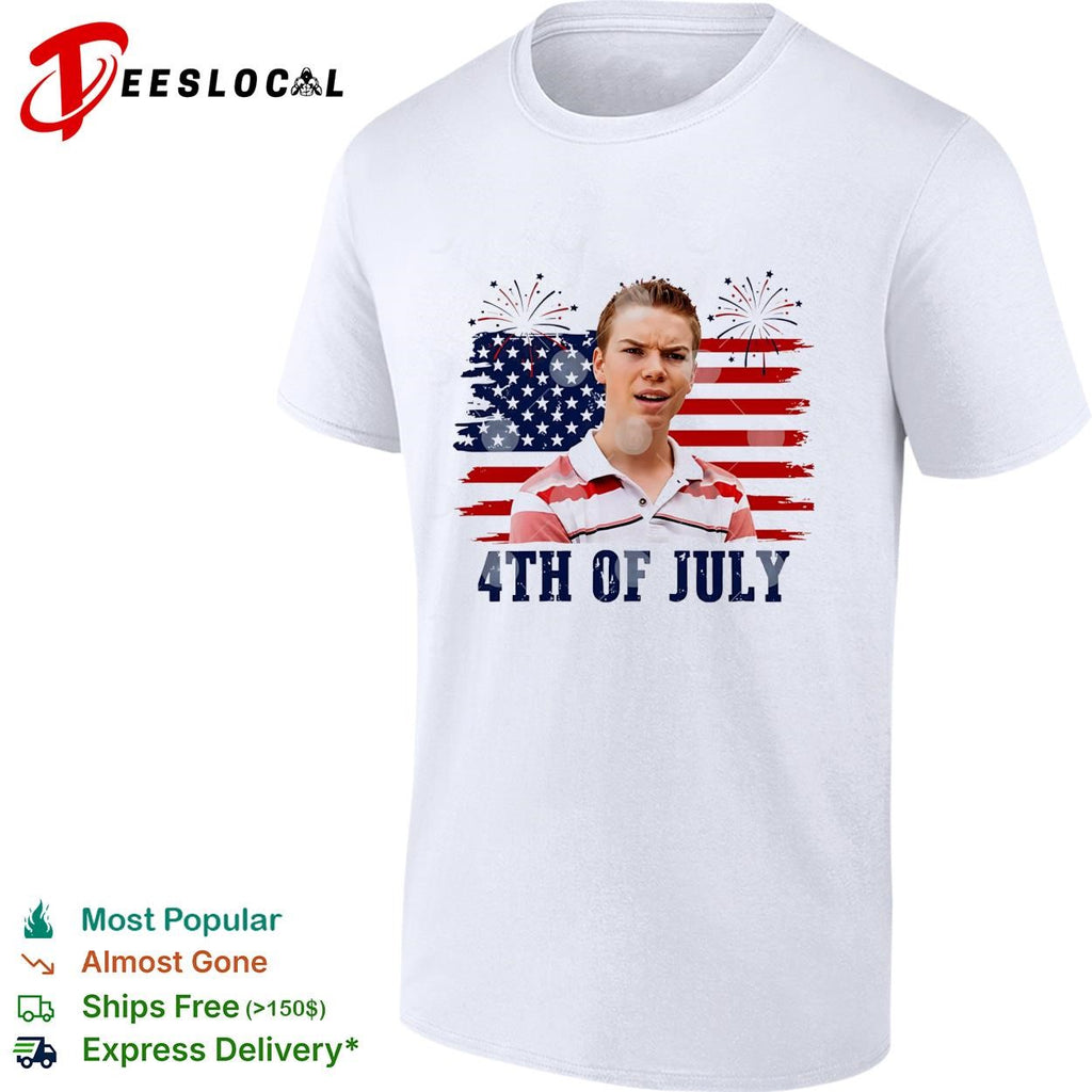 Fourth of July young man surprised face USA flag fireworks shirt