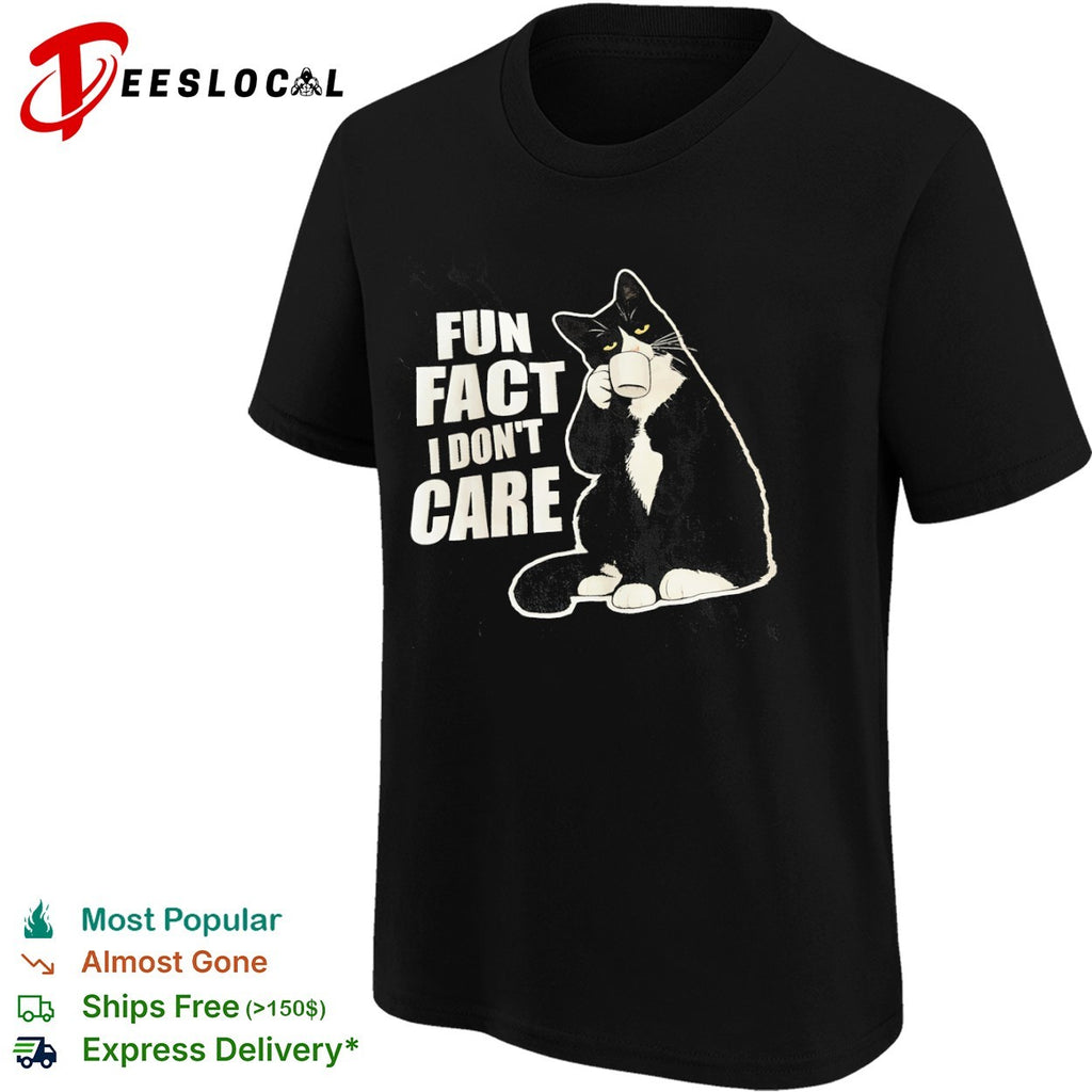 Fun fact i dont care tuxedo cat drinking coffee apparel shirt