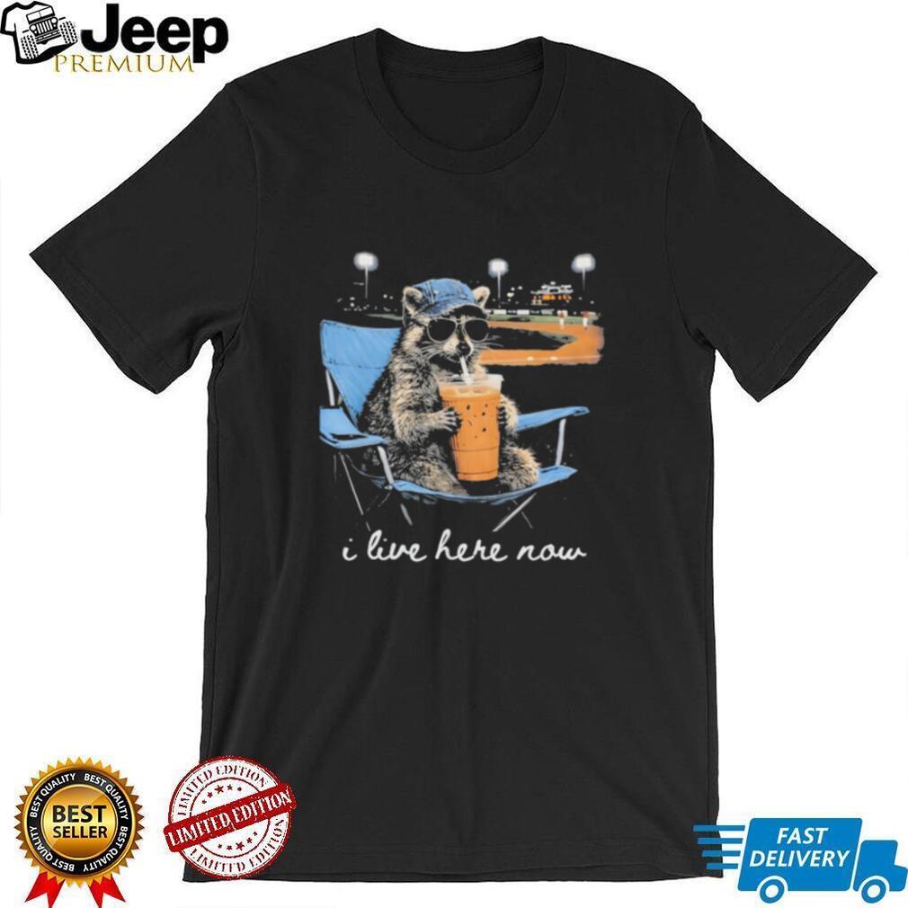 Funny Raccoon at Baseball Field “I Live Here Now” Drinking Iced Coffee T Shirt