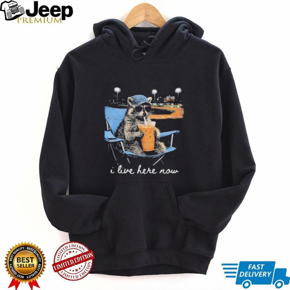 Funny Raccoon at Baseball Field “I Live Here Now” Drinking Iced Coffee T Shirt