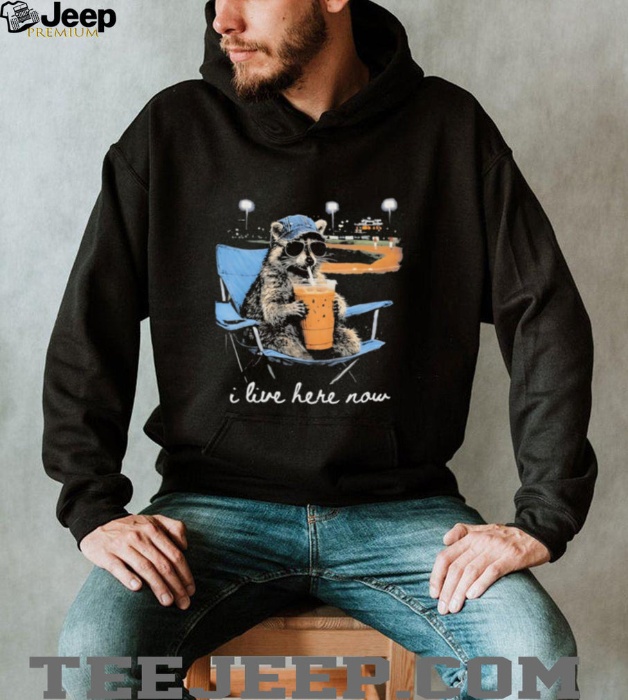 Funny Raccoon at Baseball Field “I Live Here Now” Drinking Iced Coffee T Shirt