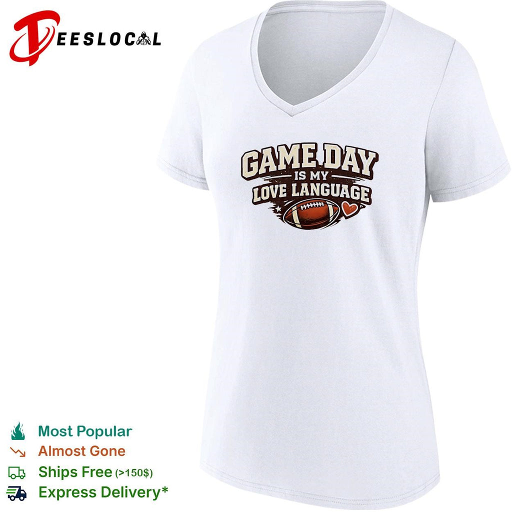 Game day is my love language football helmet and heart bold text graphic shirt