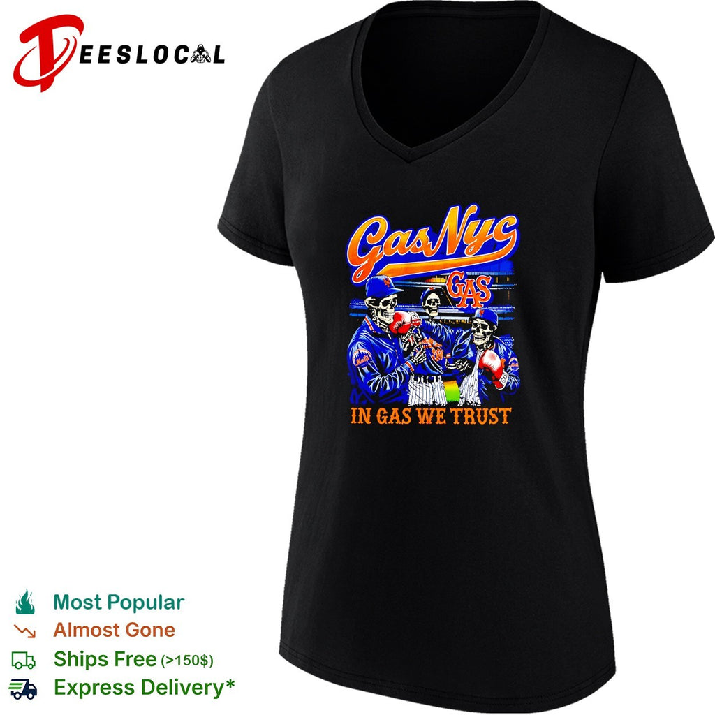 Gas NYC in gas we trust skeleton baseball Mets fan dark shirt