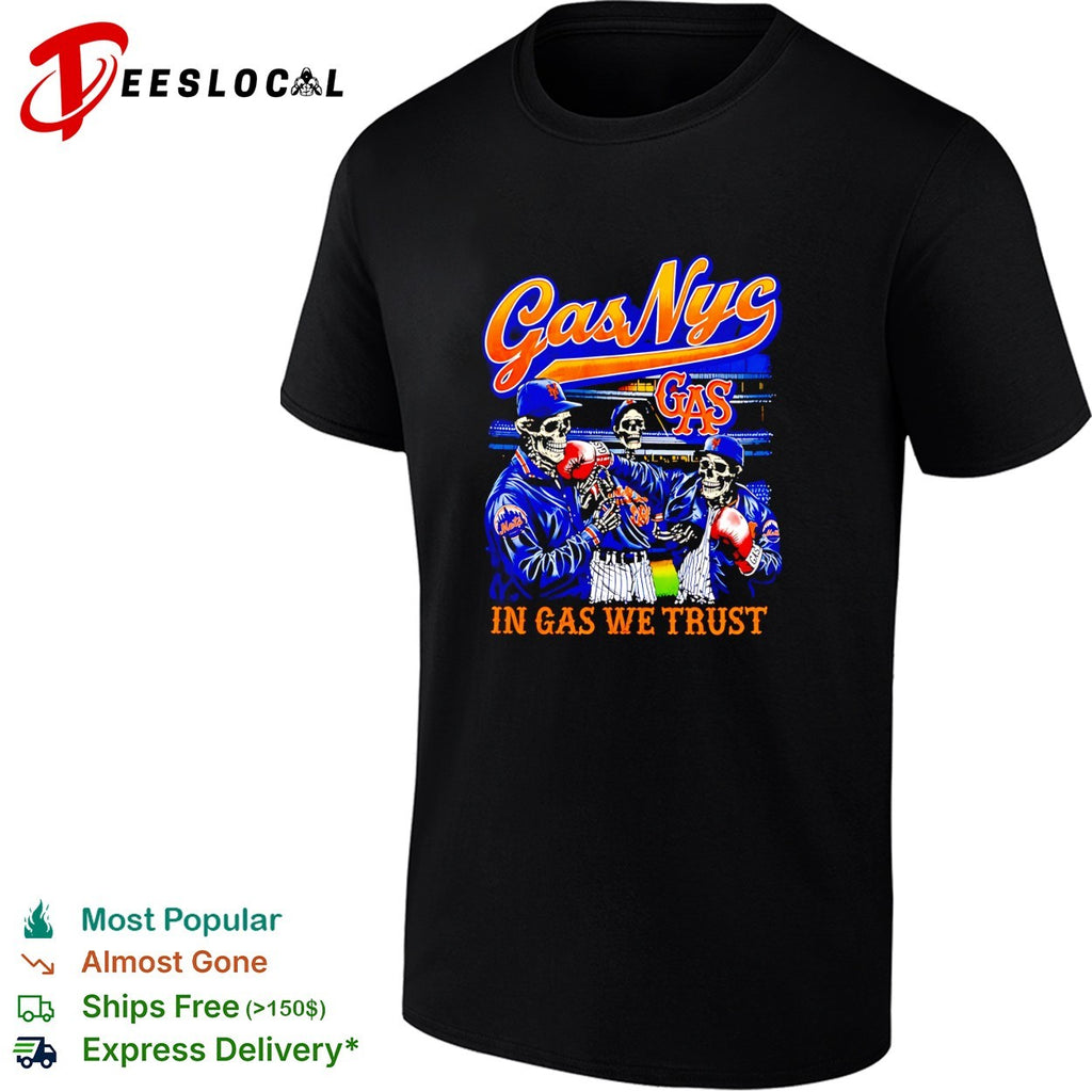 Gas NYC in gas we trust skeleton baseball Mets fan dark shirt