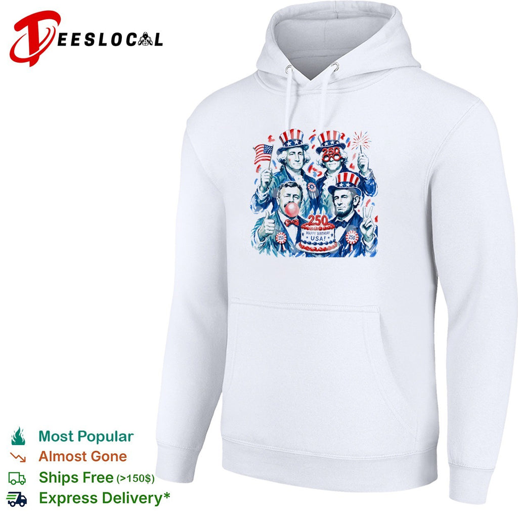 George Washington founding fathers USA 250 anniversary fireworks and birday cake shirt