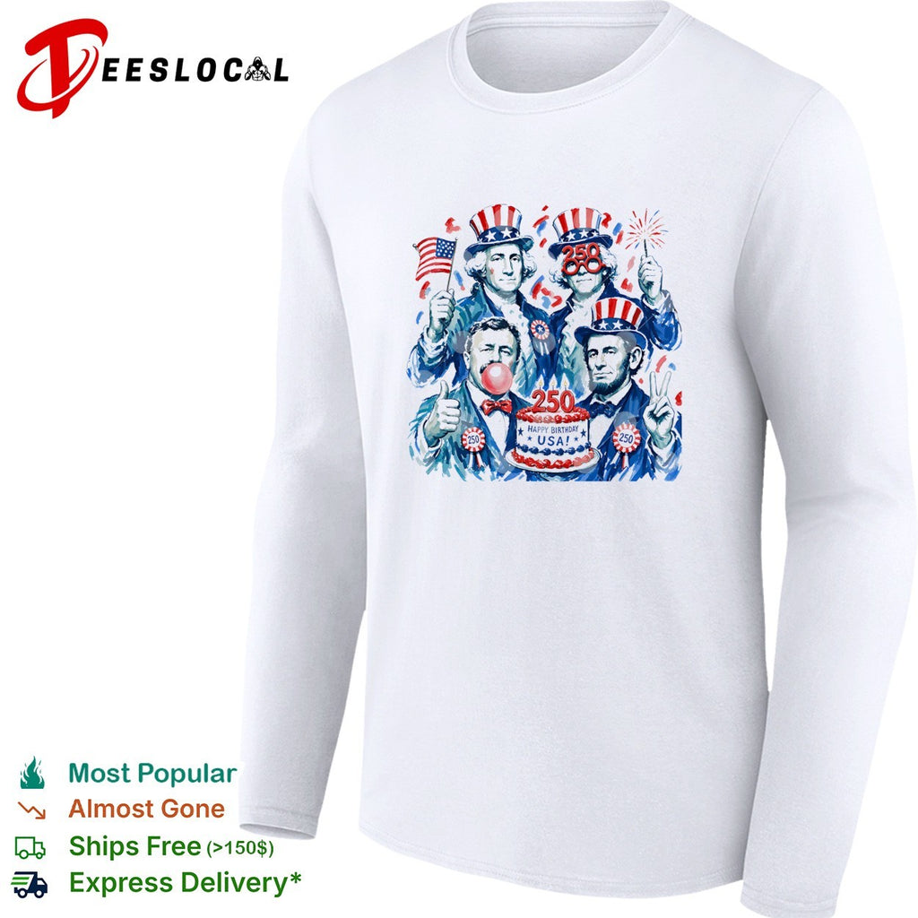 George Washington founding fathers USA 250 anniversary fireworks and birday cake shirt