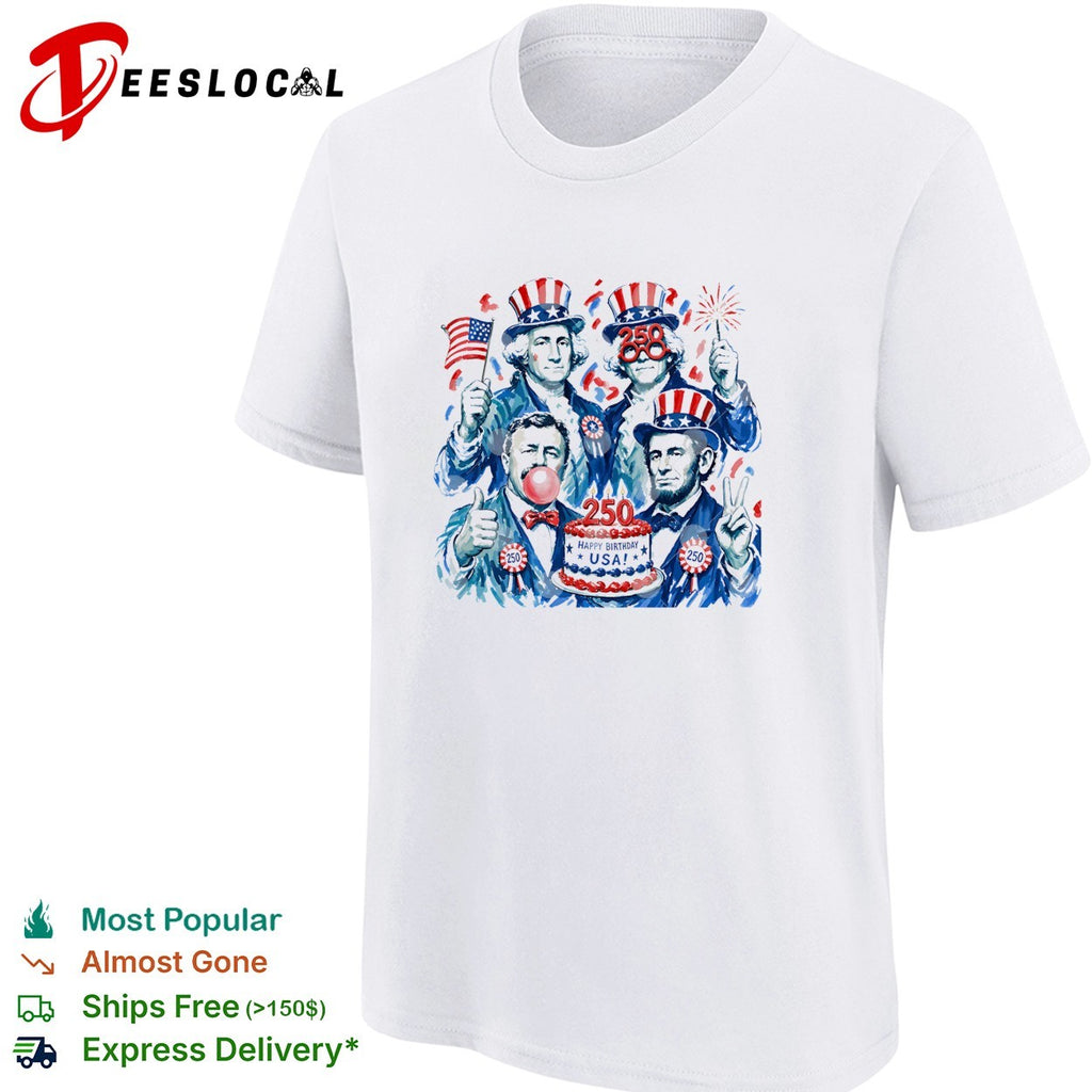 George Washington founding fathers USA 250 anniversary fireworks and birday cake shirt