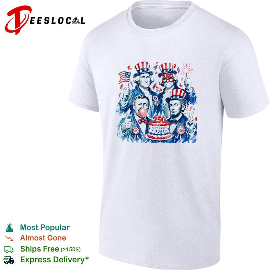 George Washington founding fathers USA 250 anniversary fireworks and birday cake shirt