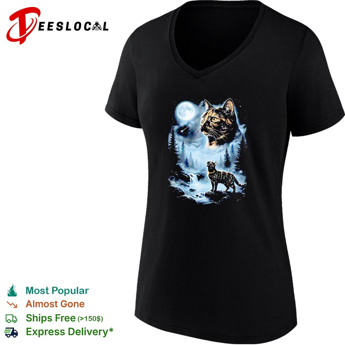 Giant cat moon face forest waterfall night scene mystical art shirt