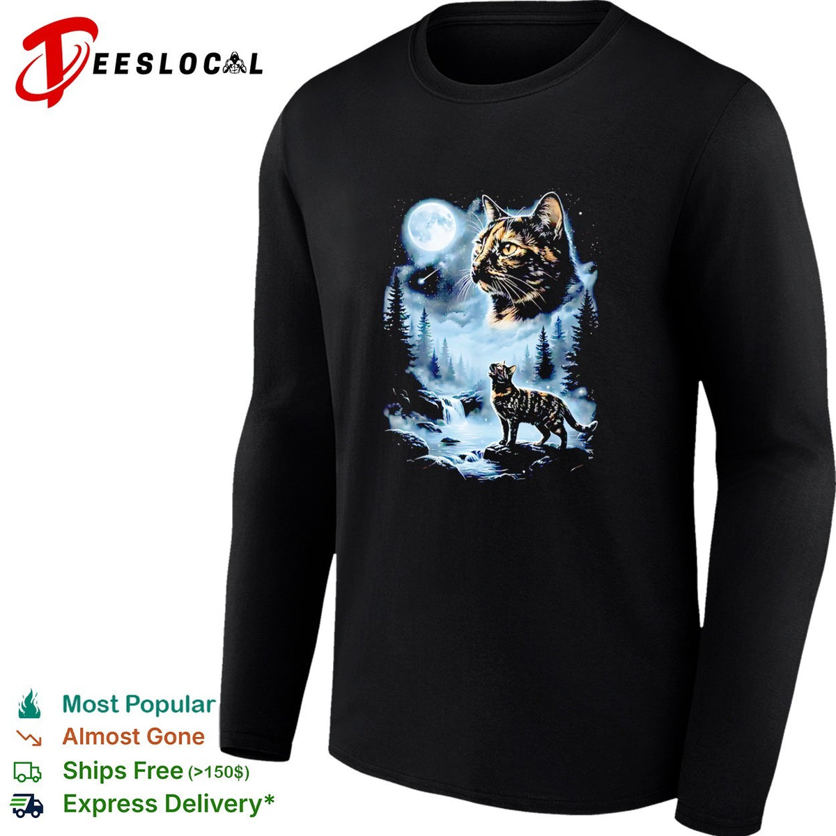 Giant cat moon face forest waterfall night scene mystical art shirt