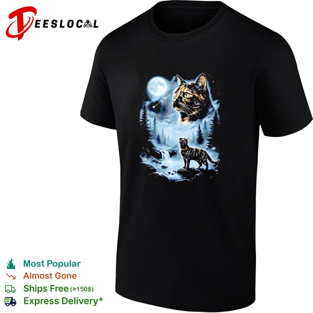 Giant cat moon face forest waterfall night scene mystical art shirt