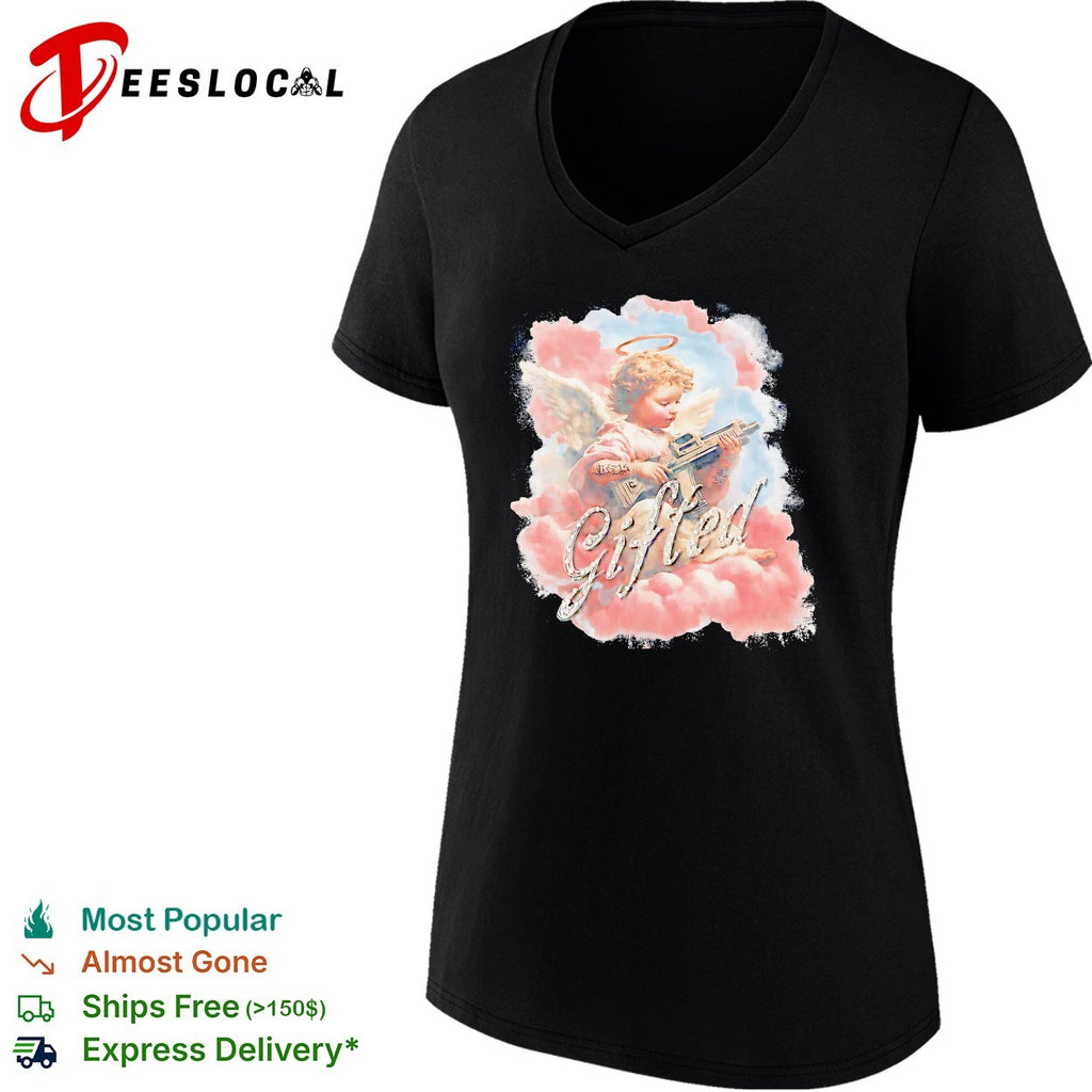 Gifted Cherub with Halo and Submachine Gun GFTD LA Black Airbrushed Aesthetic shirt