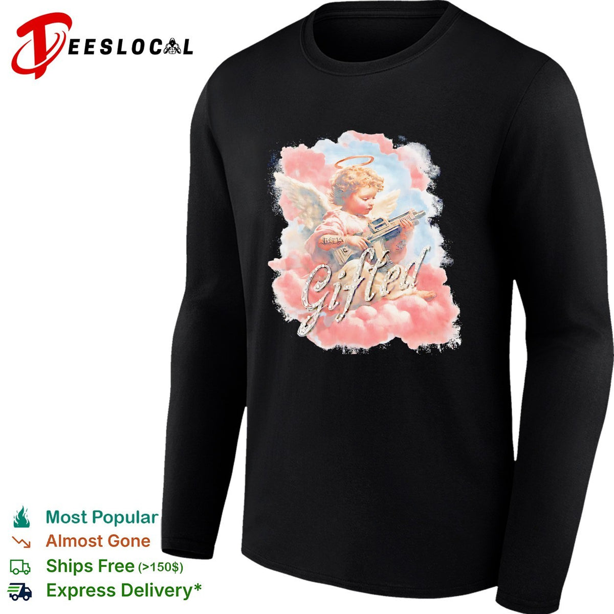 Gifted Cherub with Halo and Submachine Gun GFTD LA Black Airbrushed Aesthetic shirt