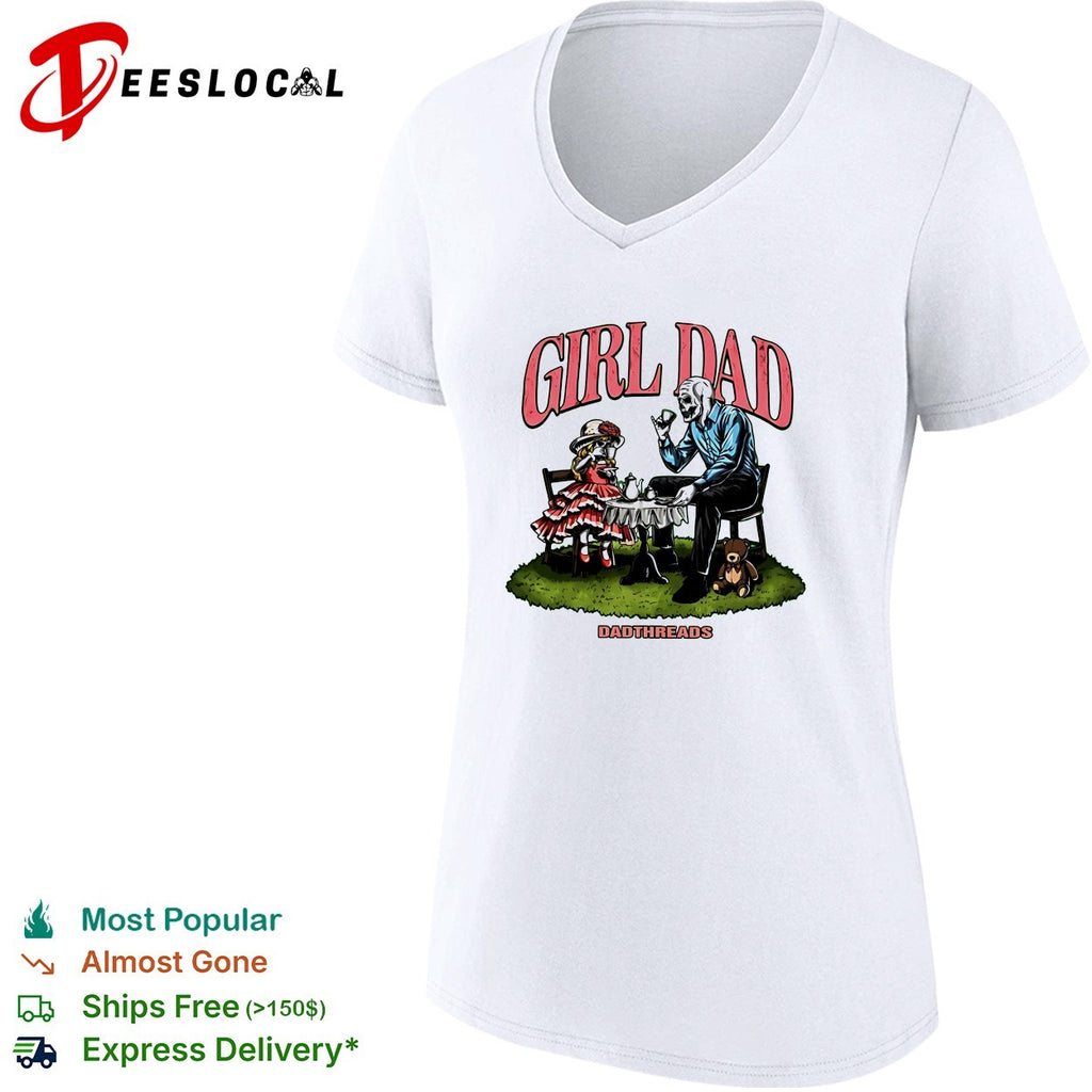 Girl Dad skeleton and child tea party illustration Dadthreads brand graphic shirt