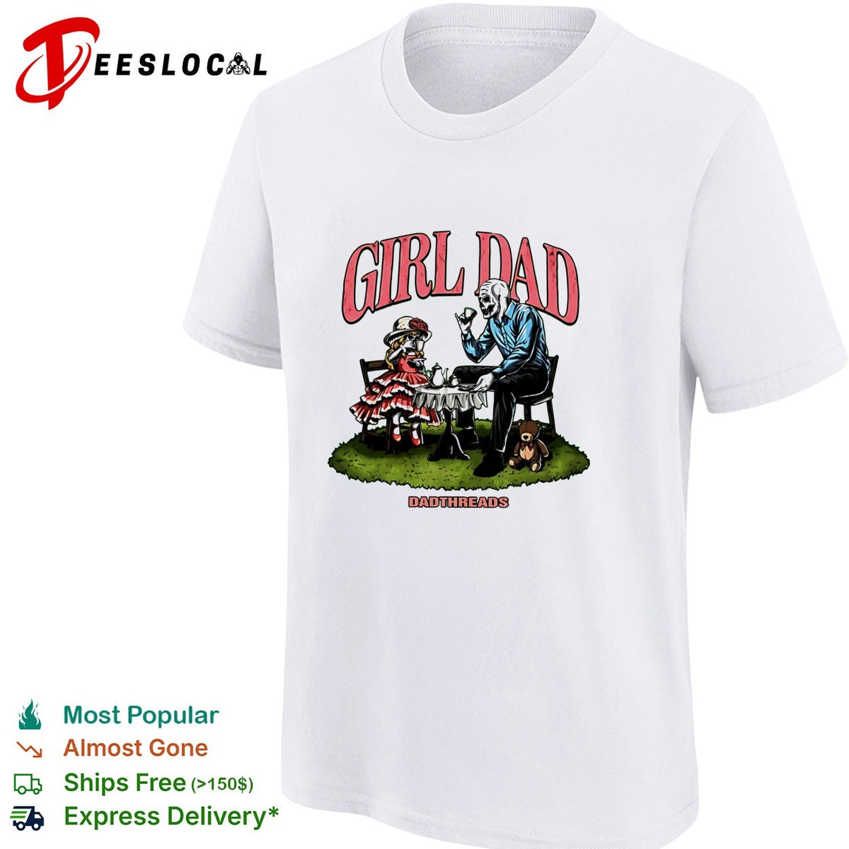 Girl Dad skeleton and child tea party illustration Dadthreads brand graphic shirt