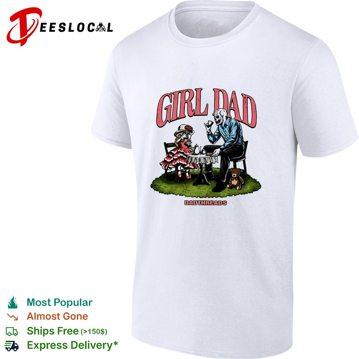 Girl Dad skeleton and child tea party illustration Dadthreads brand graphic shirt