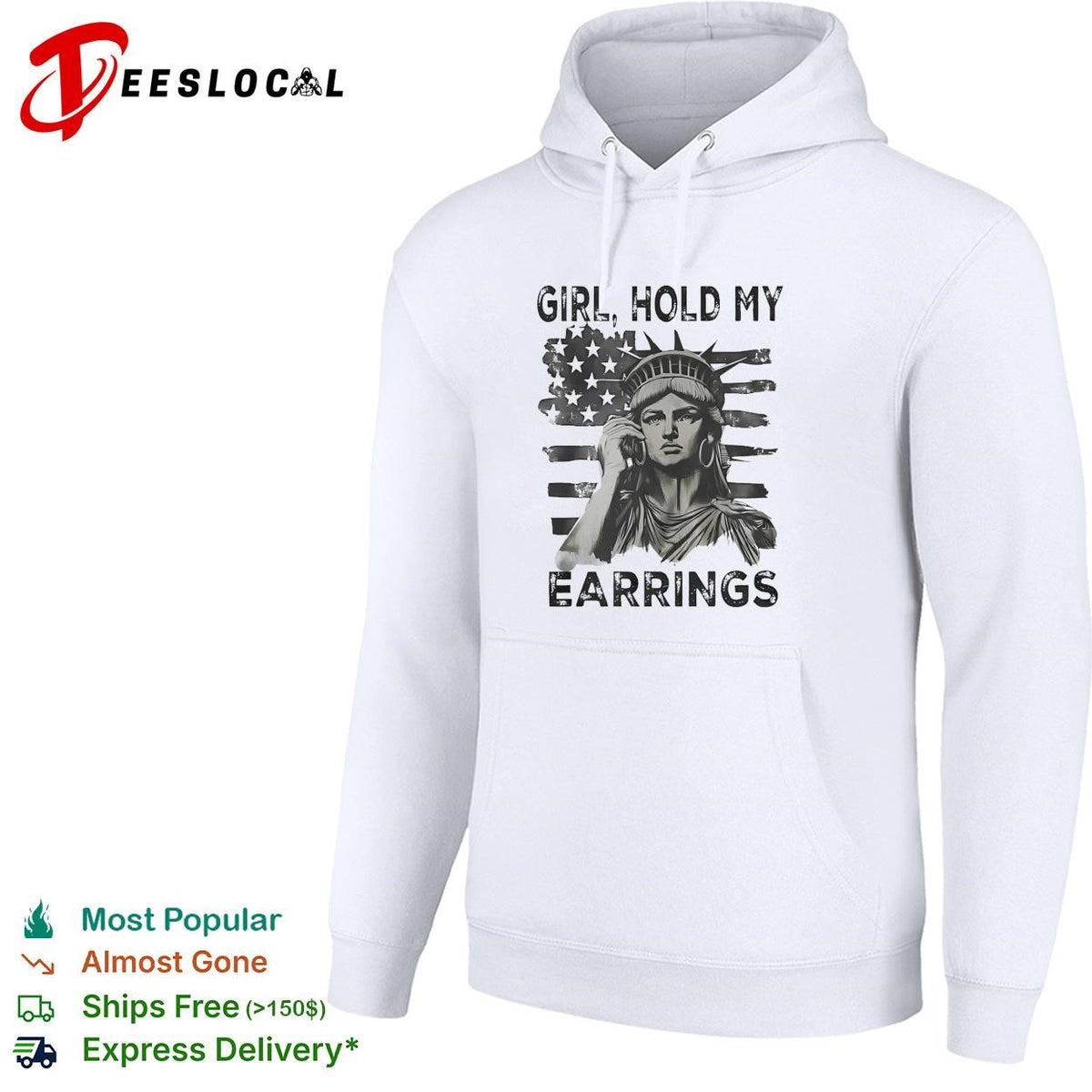 Girl hold my earrings Statue of Liberty on the phone American flag graphic shirt